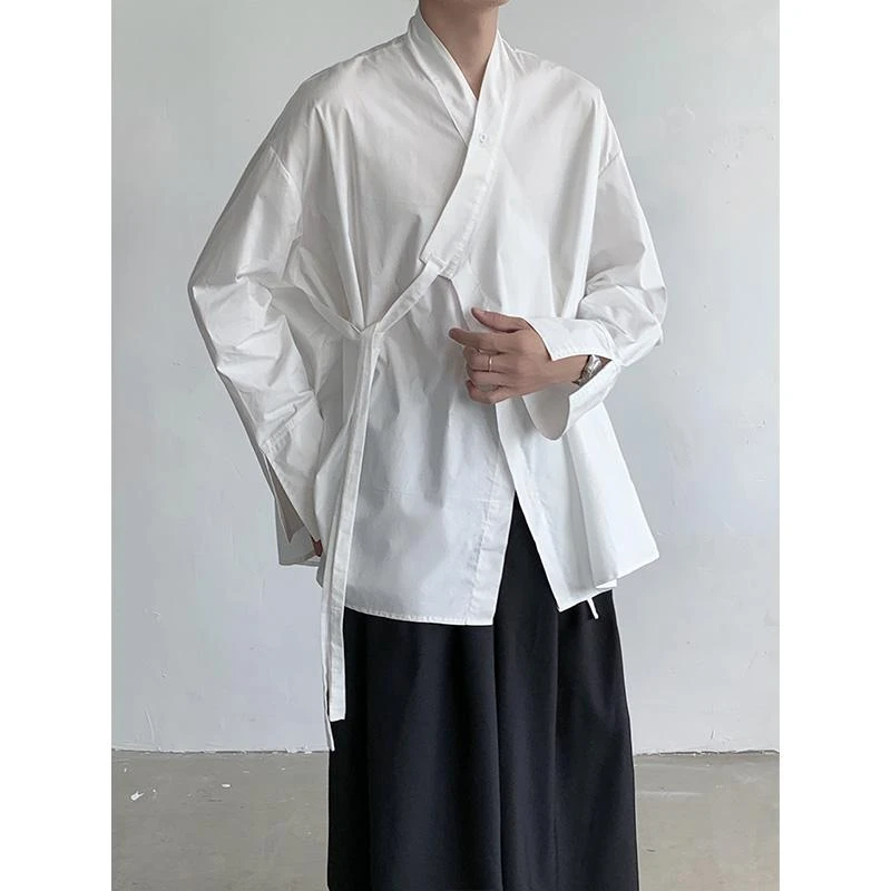 大码300斤新中式斜门襟绑带设计感衬衫男士港风宽松加肥长袖衬衣2