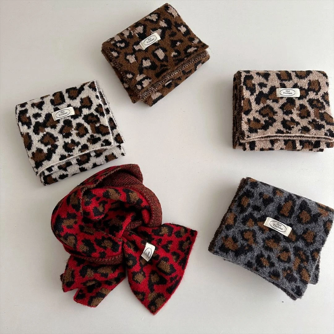 韩系儿童豹纹围巾冬季保暖防风宝宝围脖百搭美拉德儿童针织围巾潮