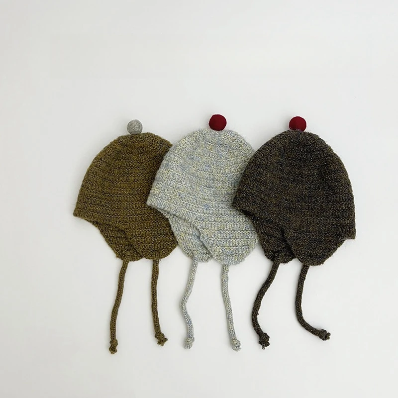 儿童针织护耳帽秋冬保暖超萌小球男女童系带帽防风毛线套头帽冬季