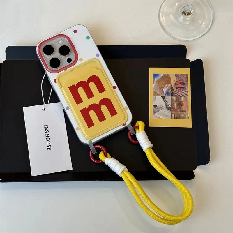 可爱M豆卡包适用iphone15手机壳新款苹果14pro卡通13挂绳12保护套