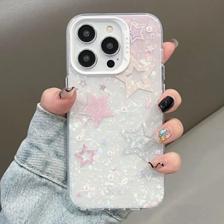 渐变粉五角星苹果12promax贝壳纹手机壳14pro/13/promax防摔软女