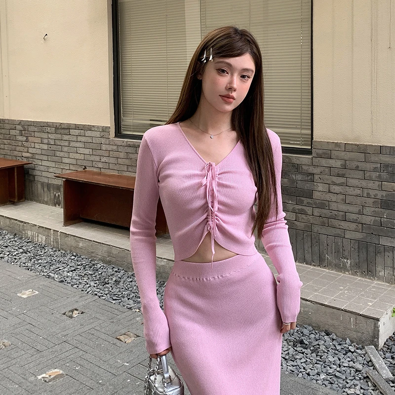 June Eleven粉色抽绳减龄毛衫上衣女 温柔甜美针织衫女