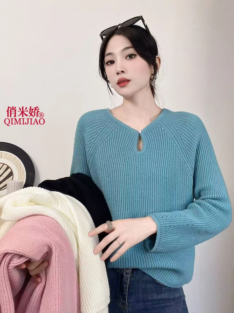 圆领宽松韩版秋冬纯色百搭时尚显瘦春秋长袖套头毛衣针织衫上衣女