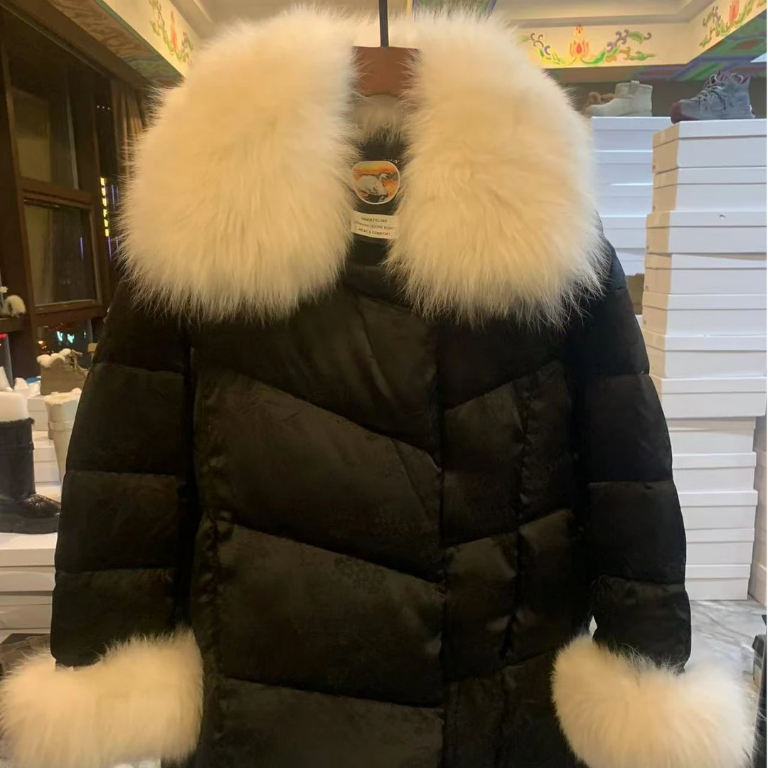 2024欧洲站冬季新款国风摁扣大毛领袖口毛鹅鹅绒绒女士百搭羽绒服