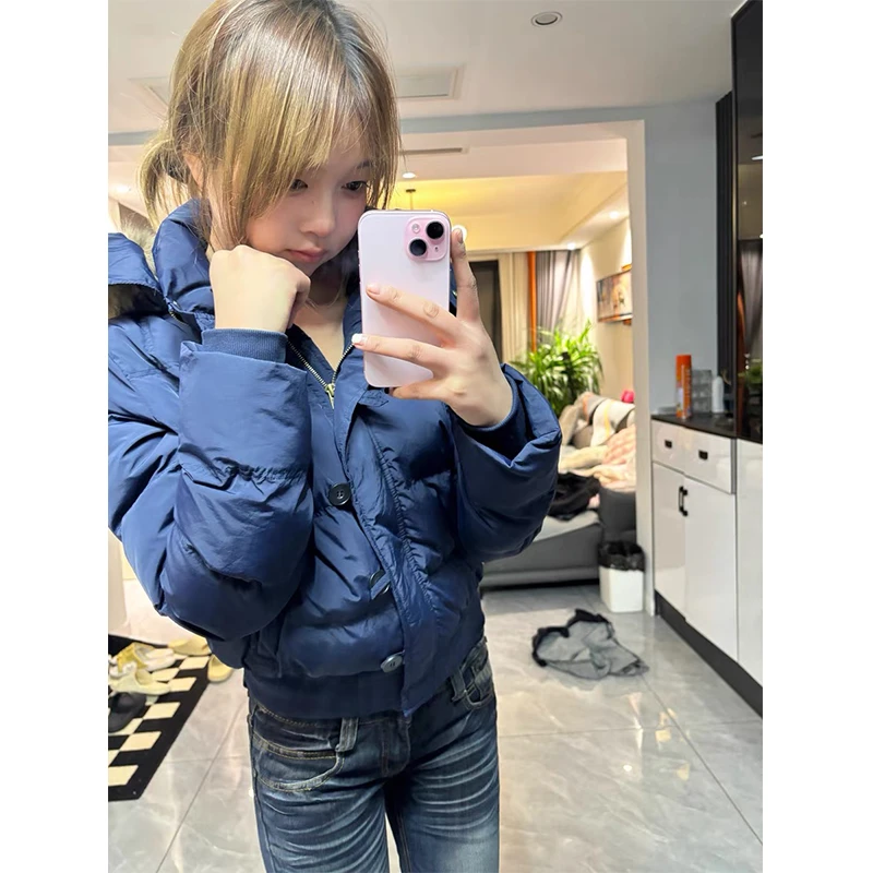 南区菲奥娜 美式藏青色毛领连帽棉服外套女冬季新款短款保暖上衣