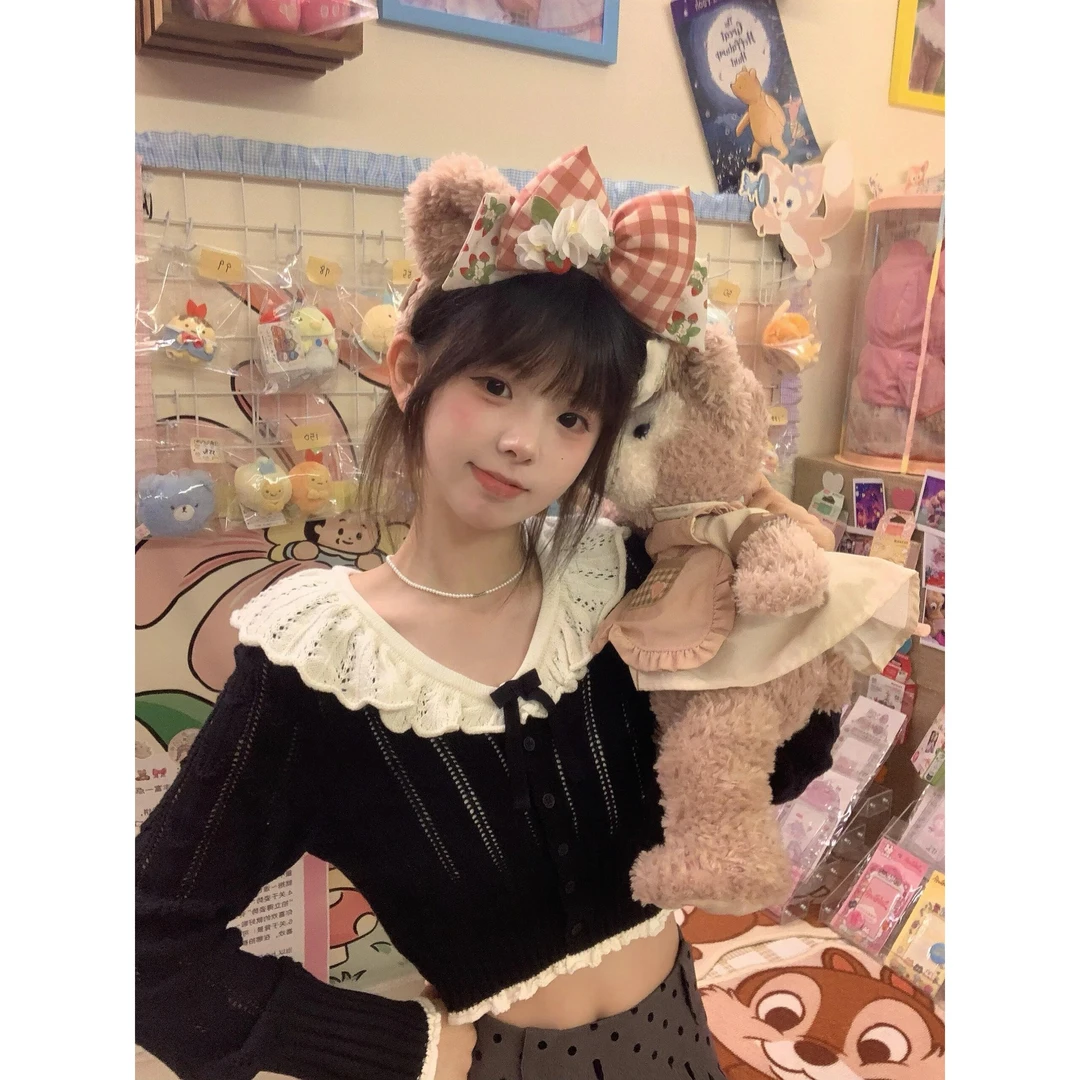 2024秋冬穿搭女士甜美撞色木耳边针织长袖上衣A字波点百褶半身裙