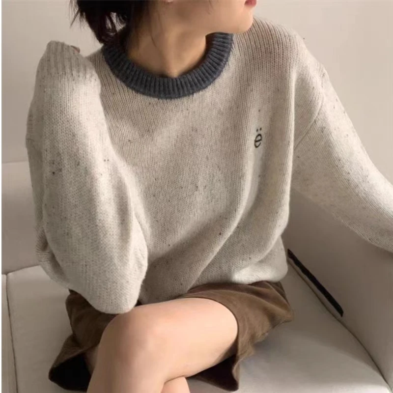 【羊毛撞色领】秋冬圆领羊毛衫宽松设计感韩版针织网红慵懒风打底衫