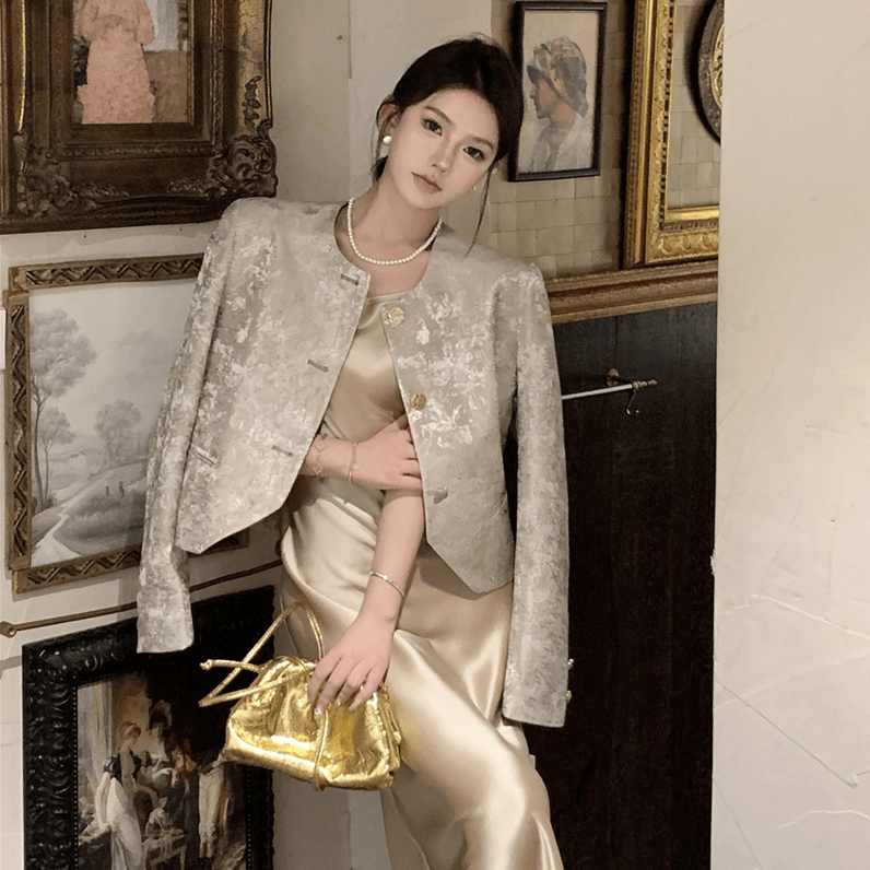 法式蕾丝美拉德穿搭提花料小香风外套+醋酸缎面显瘦吊带连衣裙女