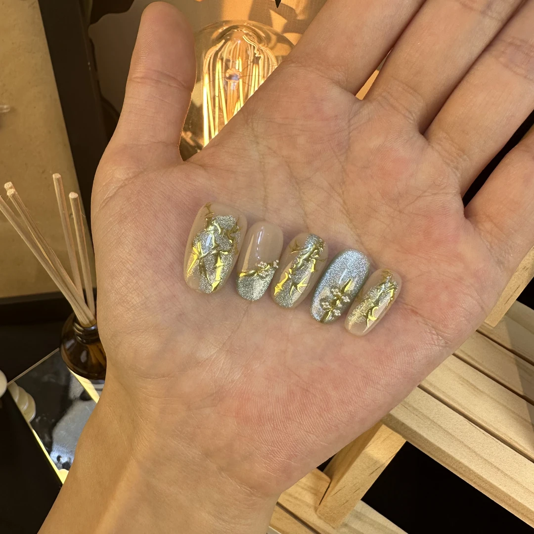 【枫林晚】新中式爆闪国风薄荷猫眼金竹纯手工穿戴甲