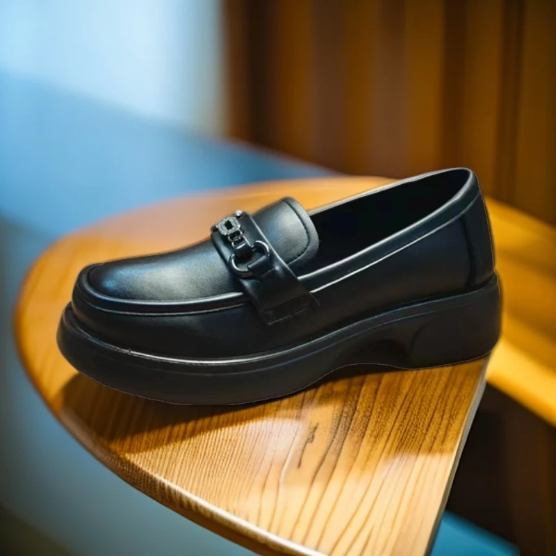 夏季黑色粗跟厚底乐福鞋平底防滑耐磨时尚百搭休闲真皮软底女鞋