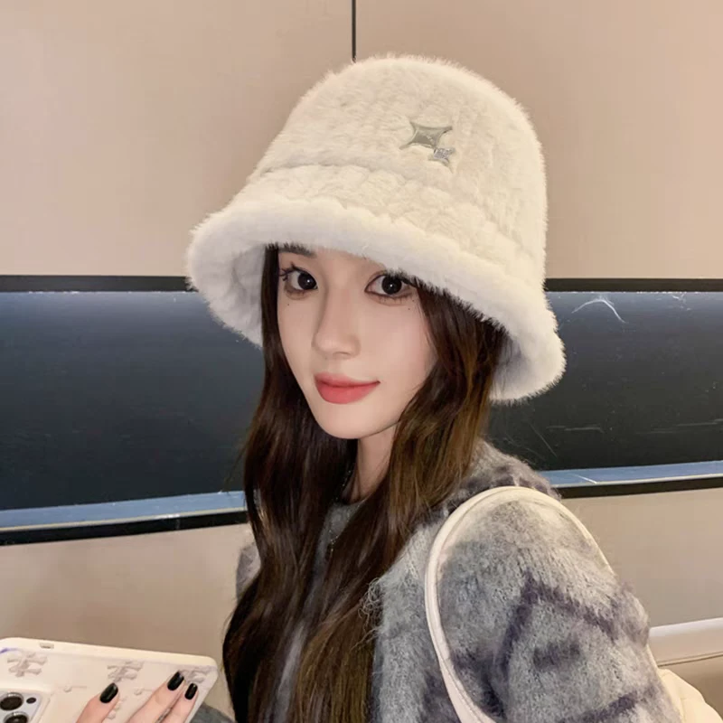 冬季渔夫帽女加绒加厚保暖毛绒帽子时尚百搭护耳大头围水桶帽盆帽