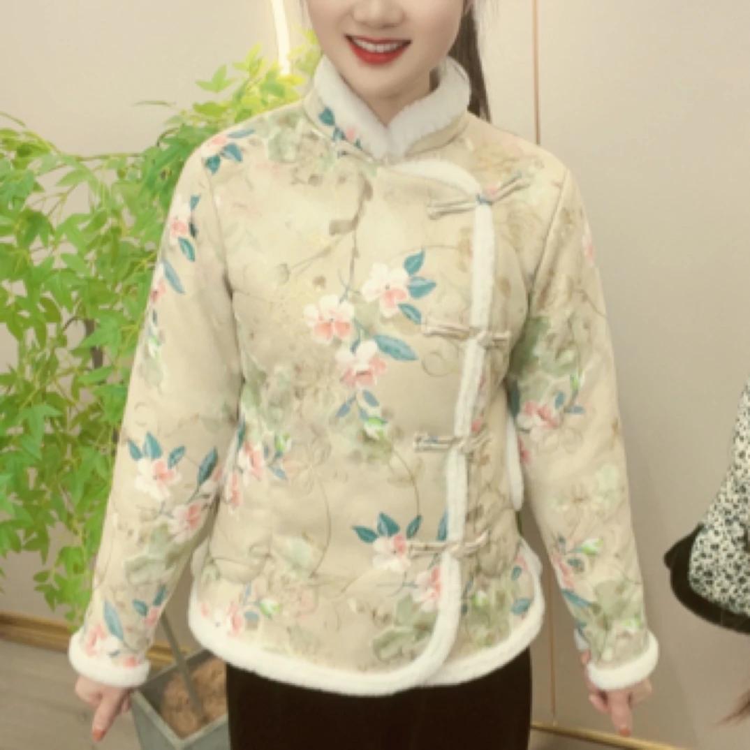 麂皮绒三层加厚小花袄秋冬棉服盘扣棉衣加厚中国风冬季保暖
