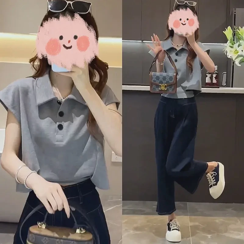 短袖t恤上衣polo时尚夏季宽松翻领针织套装显瘦洋气休闲百搭减龄