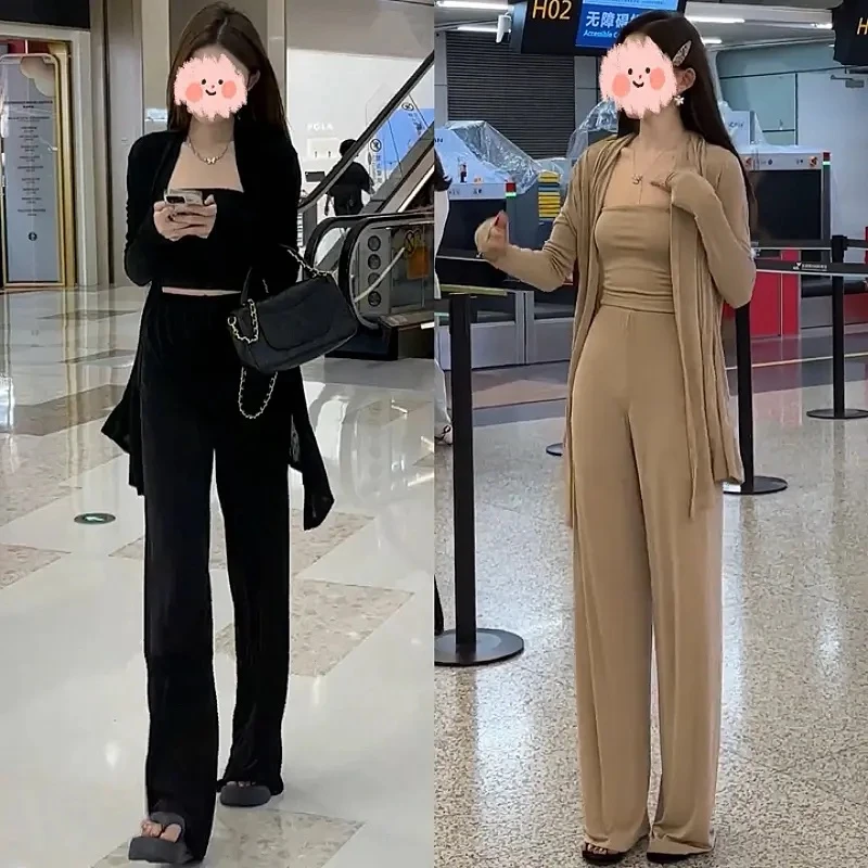 2024春秋新款韩版时尚洋气阔腿裤套装女披肩三件套女装显瘦洋气