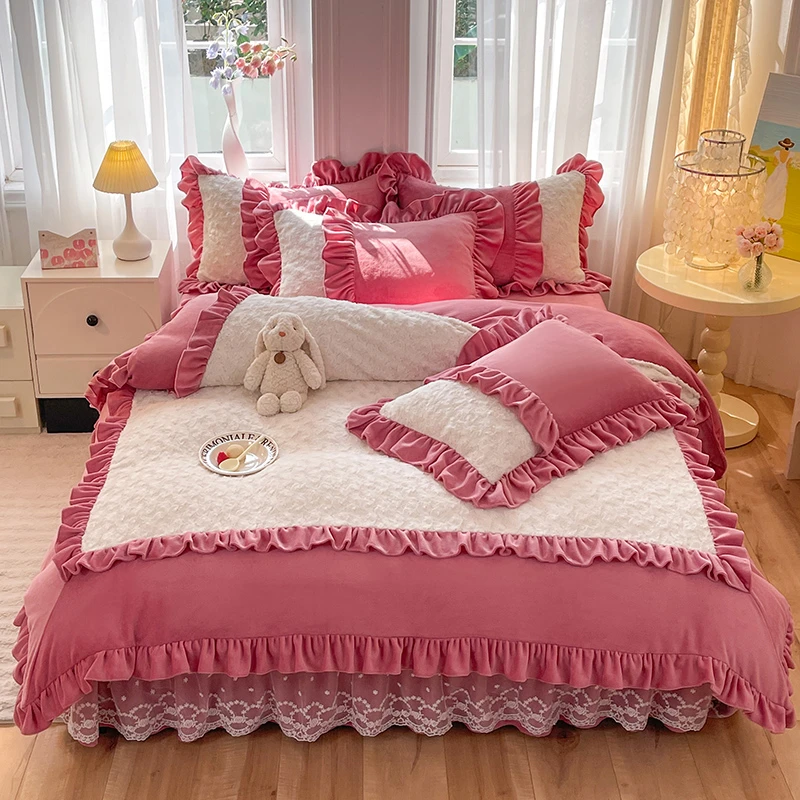 9斤加厚加绒兔兔绒牛奶绒四件套韩版公主风荷叶边双面绒床裙套件