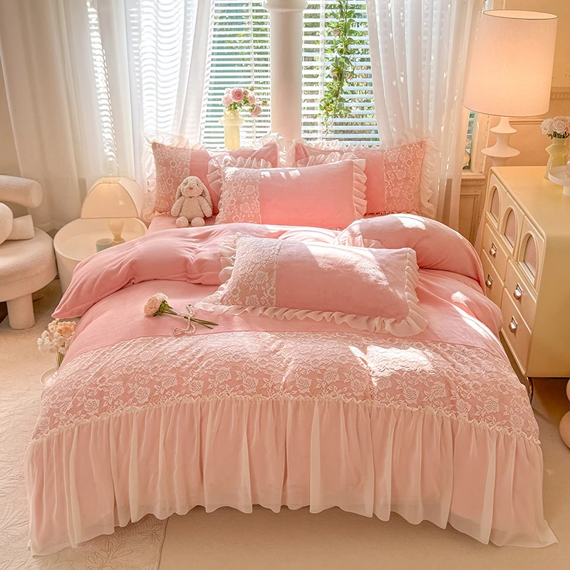 法式公主风冬季加厚保暖小清新四件套韩版蕾丝边珊瑚毛绒被套加绒