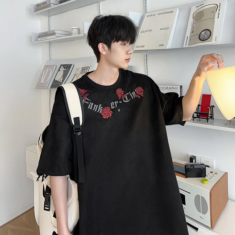 【富富】夏季男士玫瑰刺绣T恤潮流美式百搭磨毛质感短袖WK988