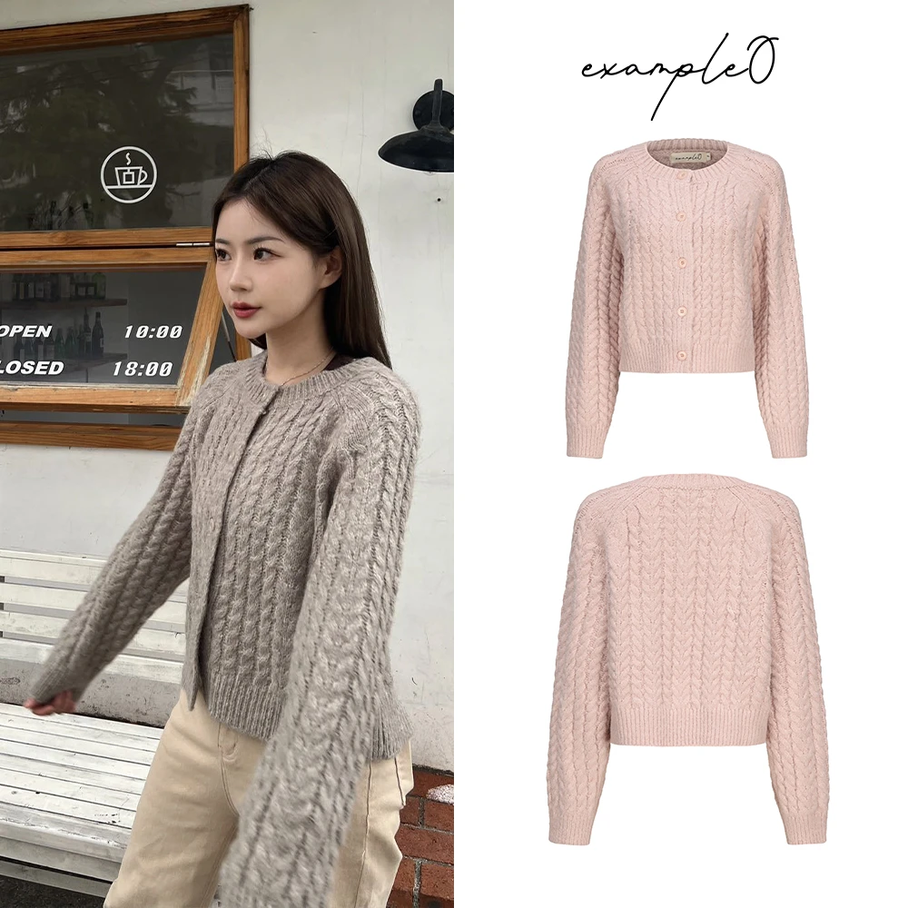 [清清浮力]韩系秋冬厚款慵懒风短款宽松羊毛混纺麻花针织毛衣开衫