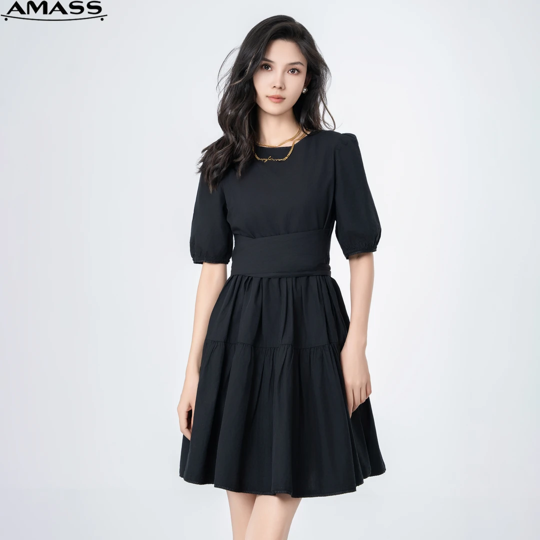 AMASS/阿玛施春夏新款时尚肌理设计感圆领修身显瘦连衣裙 5500519