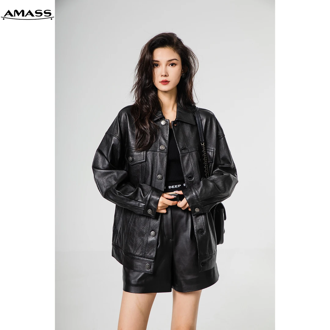 AMASS/阿玛施暗黑风高级质感宽松中长版皮夹克5400726翻领皮衣