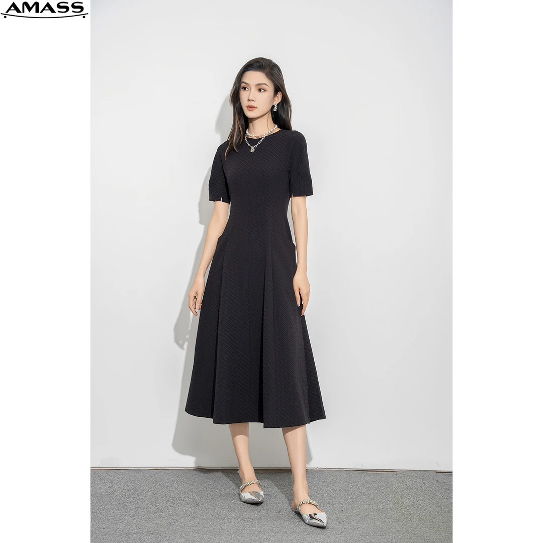 AMASS/阿玛施新款质感纹理复古经典收腰半袖圆领连衣裙女 5500547