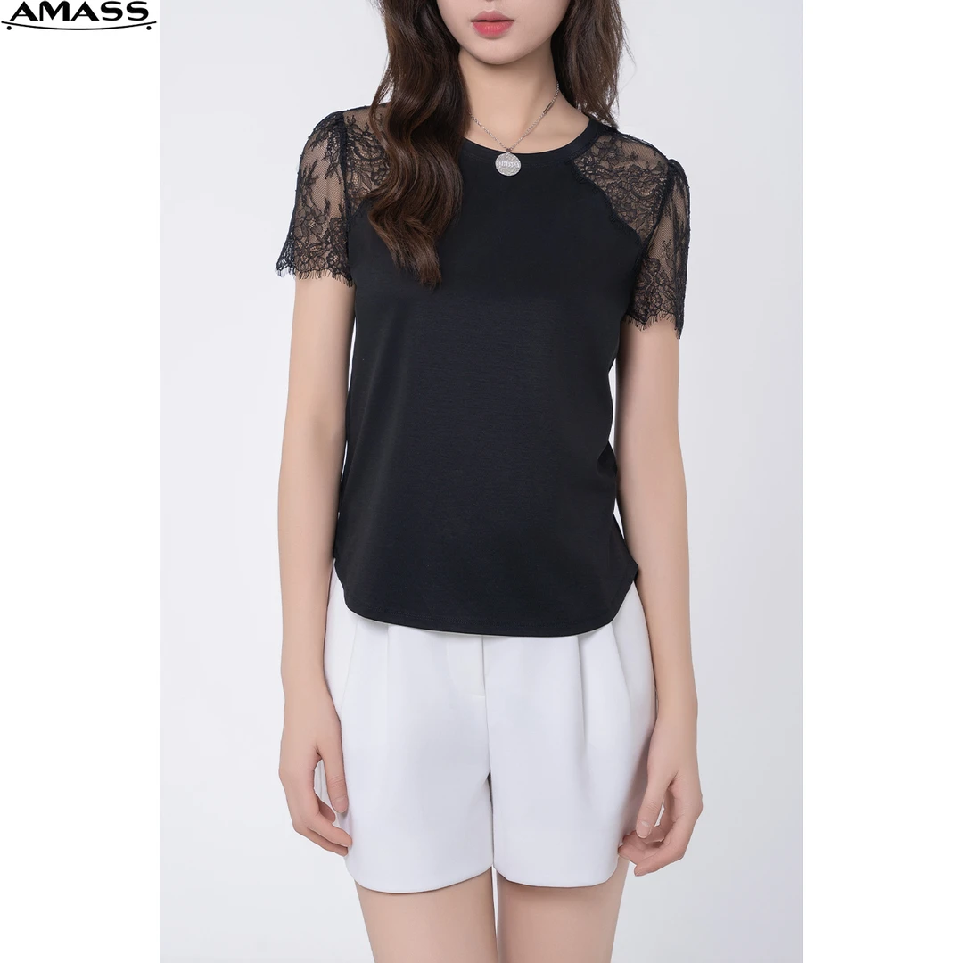 AMASS/阿玛施夏季简约纯色时尚纯色百搭圆领蕾丝短袖上衣 5300653