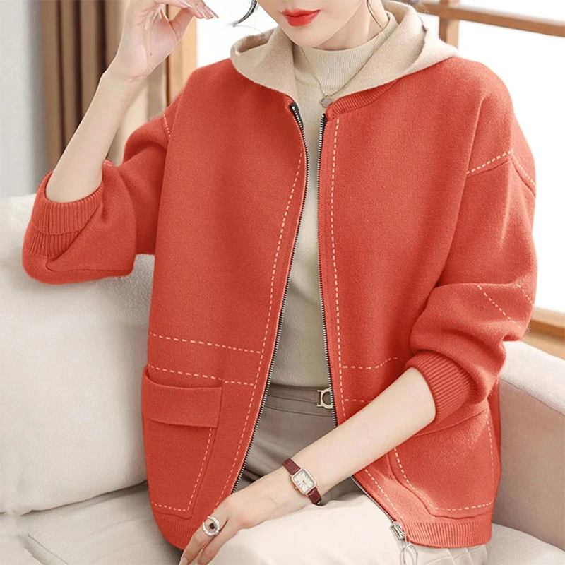 春秋外套羊毛衫女士百搭秋冬新款拉链连帽针织衫宽松厚款时尚开衫