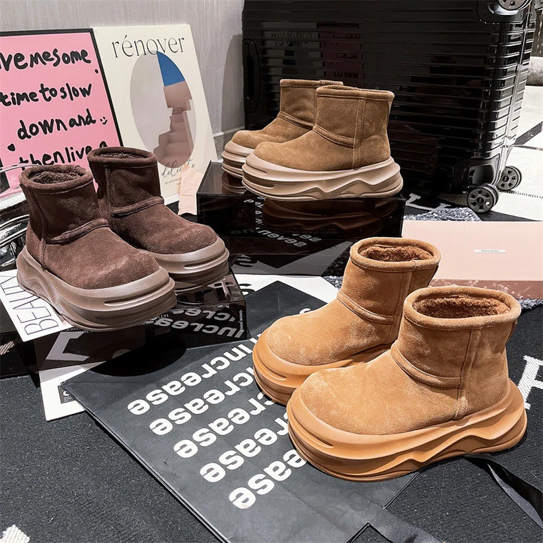 【PJC】2024秋冬欧货磨砂皮大头厚底松糕丑萌面包鞋雪地棉靴