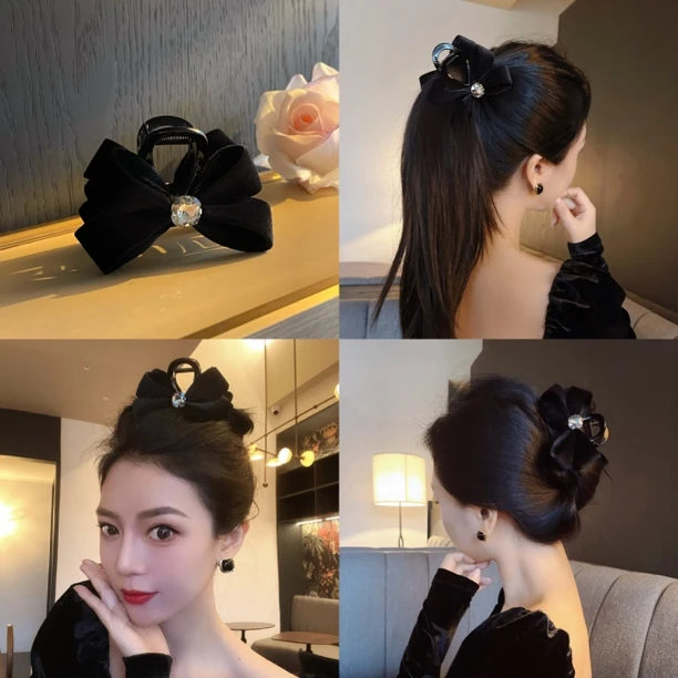 杨杨babytime财阀小公主黑色丝绒水晶蝴蝶结抓夹增发量专用