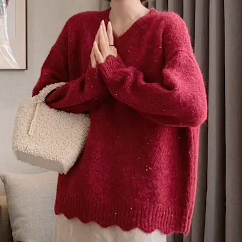 2024秋冬新款亮片保暖套头针织V领毛衣宽松韩版长袖加厚针织上衣