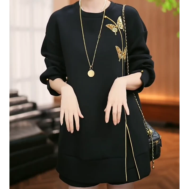 2025春秋新款重工珠绣蝴蝶斜襟黑色卫衣新中式国风圆领中长款上衣