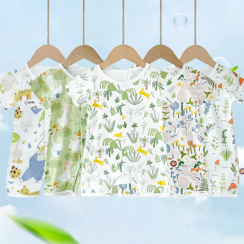 无骨后背镂空连体衣婴儿棉睡衣包屁衣卡通满印幼儿薄款夏款