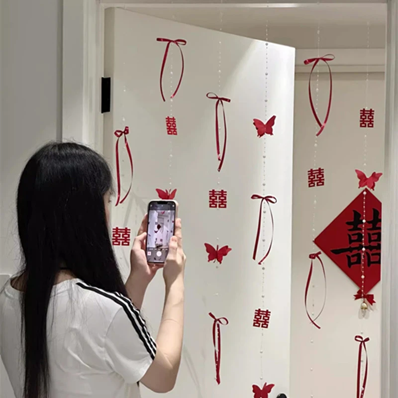 婚房布置简约高级珍珠喜字门帘结婚订婚婚房布置男方卧室装饰挂件