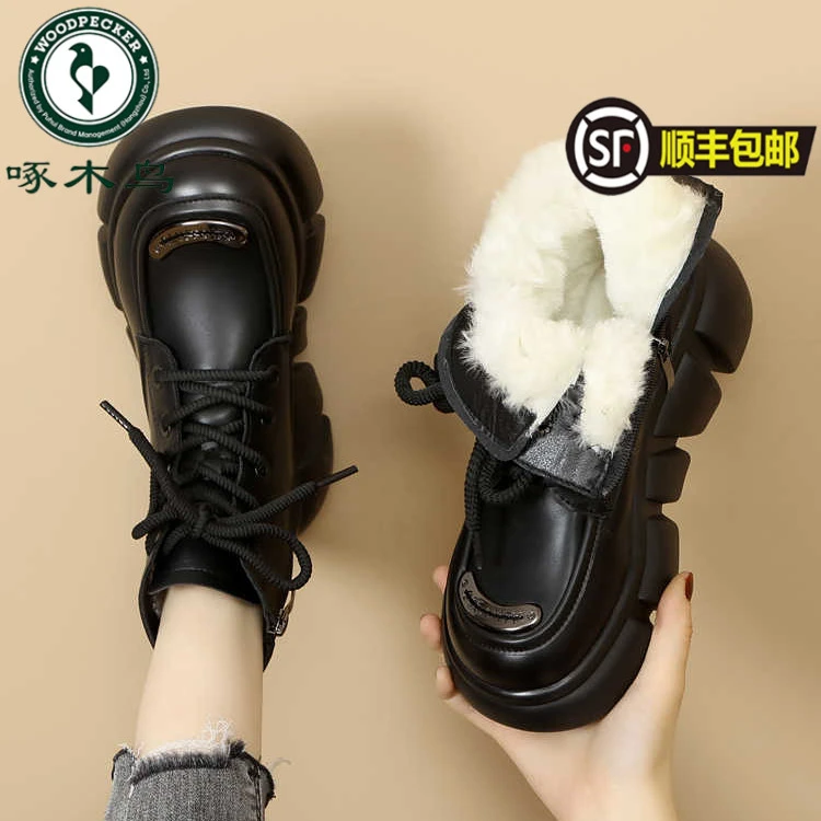 啄木鸟时尚雪地靴皮毛一体短靴马丁靴女冬季加绒加厚棉靴厚底鞋