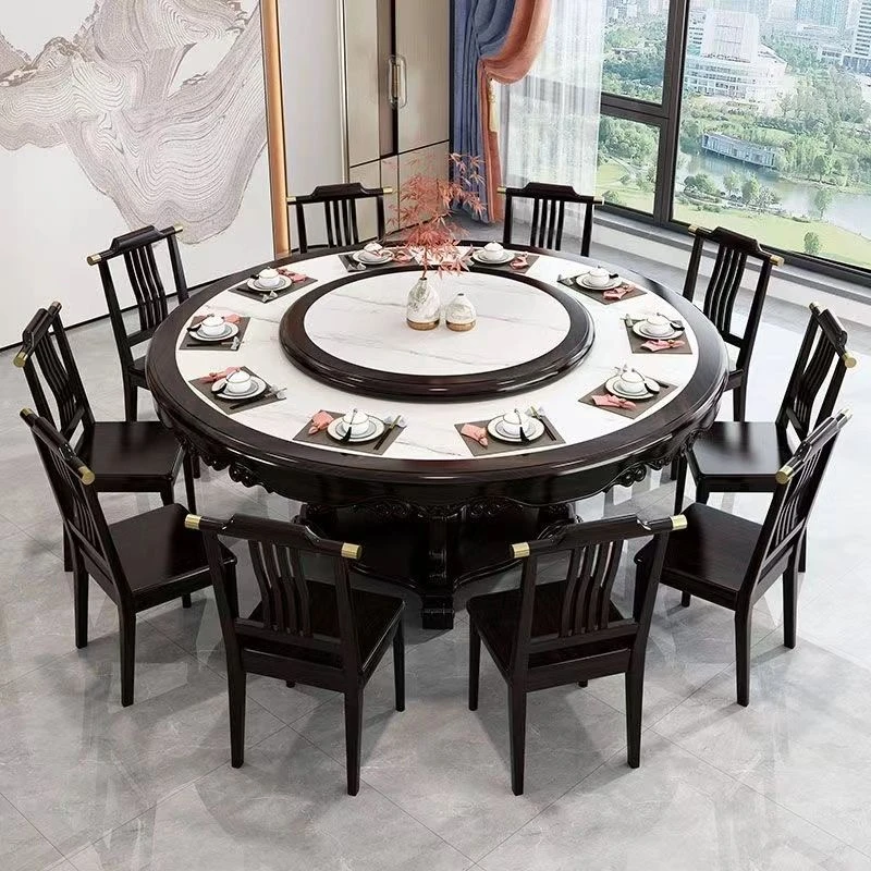 实木中式岩板餐桌餐桌椅家用组合转盘圆形电磁炉酒店高档圆桌饭桌