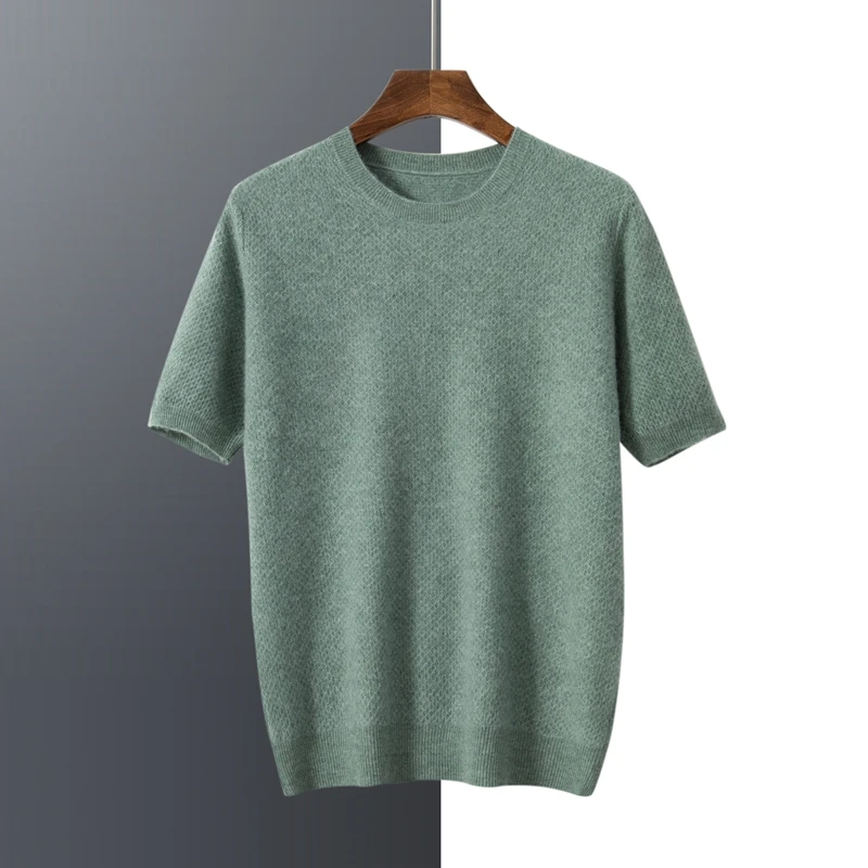 山羊绒男士蜂窝短袖百搭百搭纯色圆领时尚针织秋冬套头羊绒衫