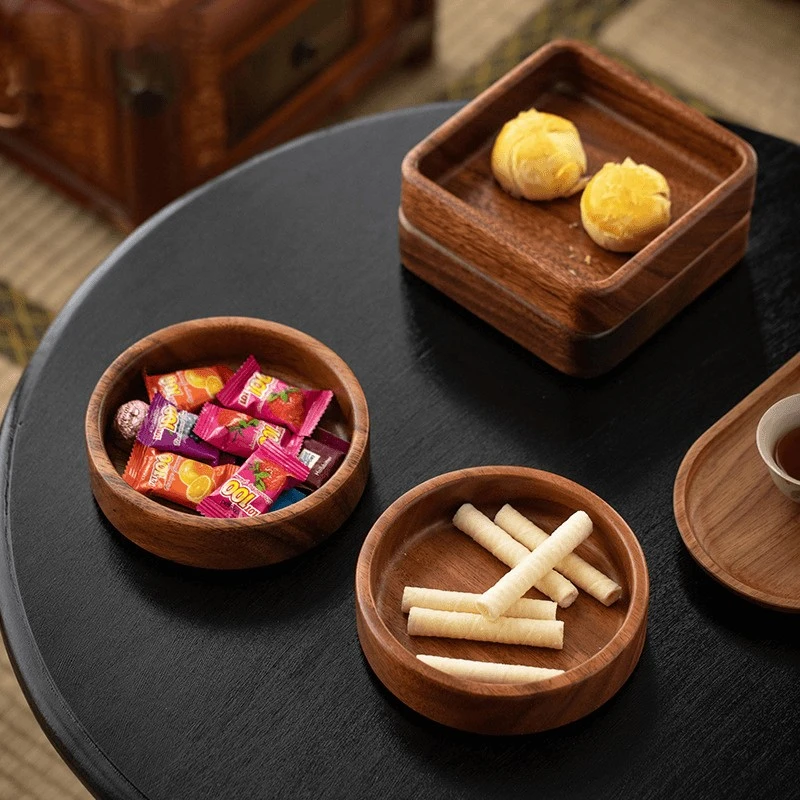 胡桃木家用盘子点心盘小吃碟零食水果盘实木方形圆形碟子方钵收纳