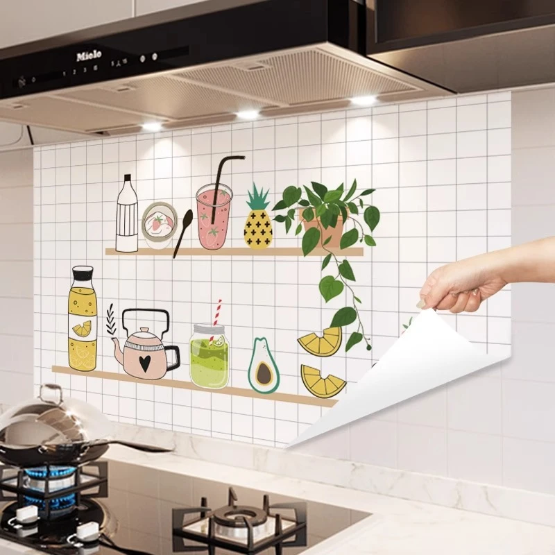 家用厨房防水防油贴纸防油污耐高温抽油烟机橱柜灶台贴膜卡通加厚