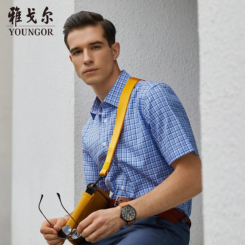 雅戈尔夏季男士商务休闲纯棉时尚修身通勤格子薄衬衣短袖衬衫男