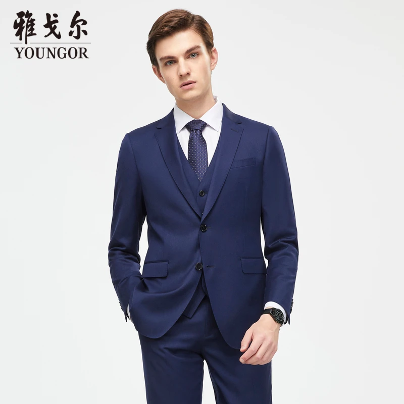 【100绵羊毛职业西服】雅戈尔蓝色平驳领西装商务休闲正装男士时尚
