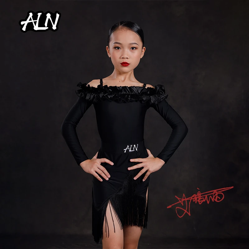 ALN艾琅纳演出服黑色训练服拉丁舞练功服表演服装简约专业舞裙