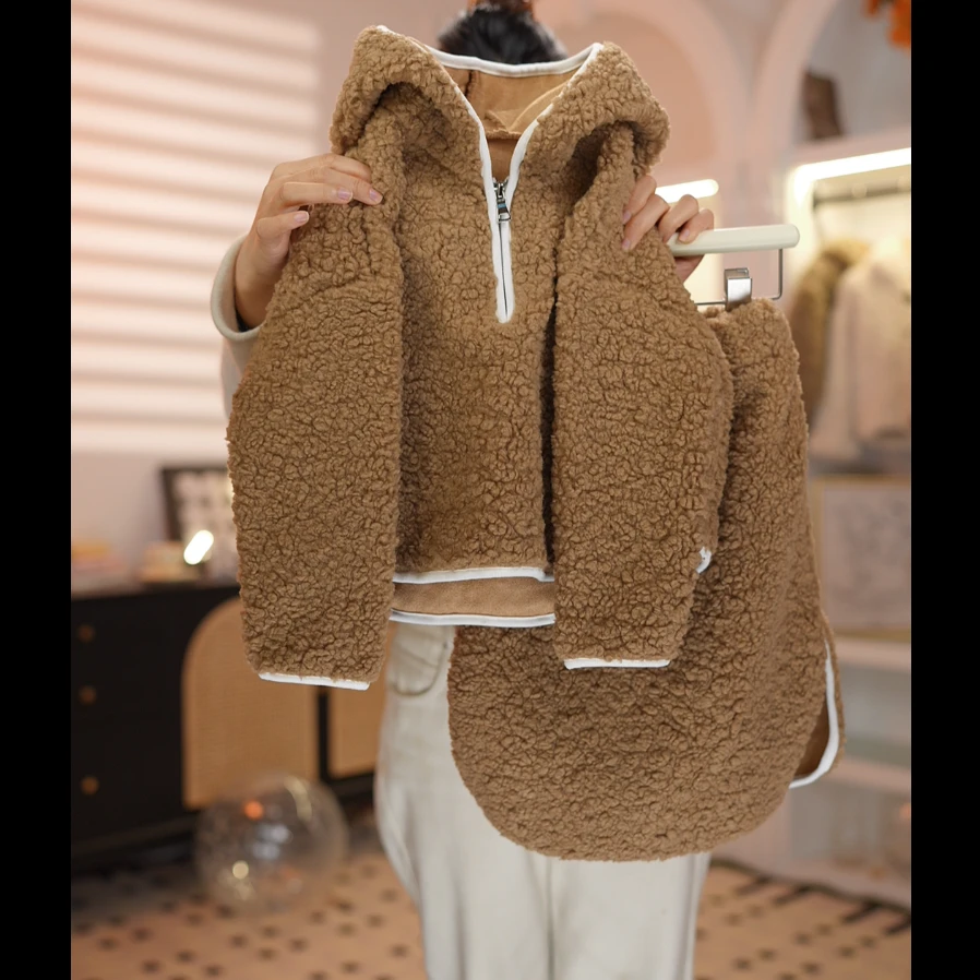 阿妞女童2024新款秋冬毛绒小熊保暖加厚款连帽卫衣半身裙洋气