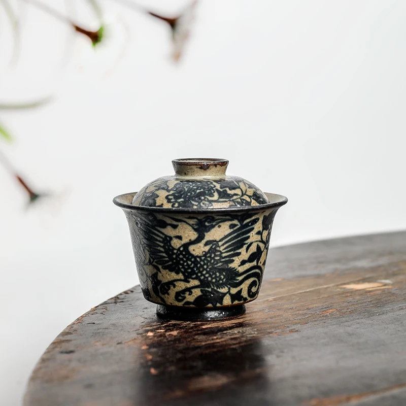 景德镇聆雨堂两才盖碗纯手工青花手绘麒麟追凤粗陶功夫泡茶器茶具