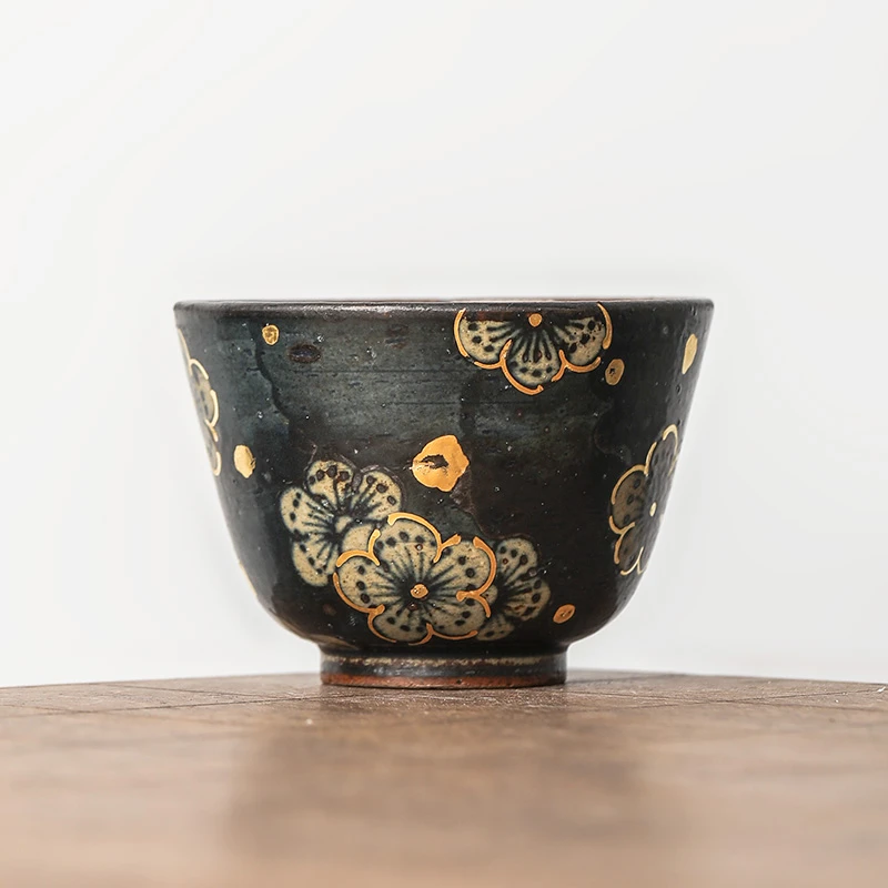 主人杯单杯景德镇聆雨堂粗陶青花手绘梅花描金品茗杯功夫茶杯茶具