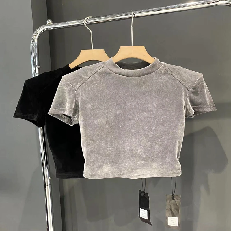dudu设计感T恤女丝绒打底衫短款气质十三行女装2023休闲上衣透气