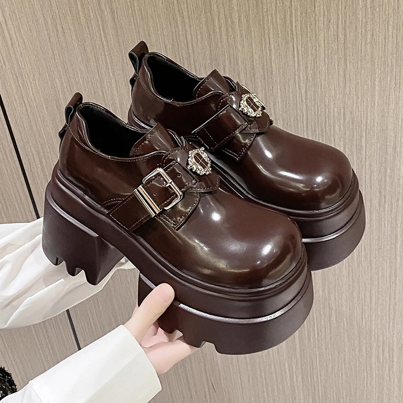 真皮厚底小皮鞋女鞋2025春秋新款英伦百搭10cm增高乐福鞋搭扣单鞋