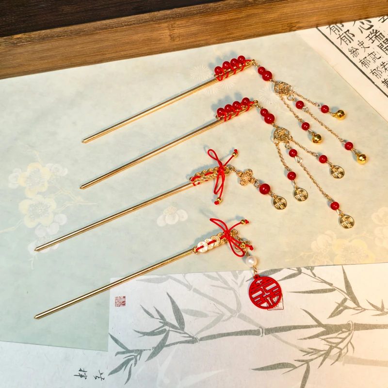 中式小财神红色同心结发簪古风过年铜钱发簪头饰流苏步摇百搭簪子
