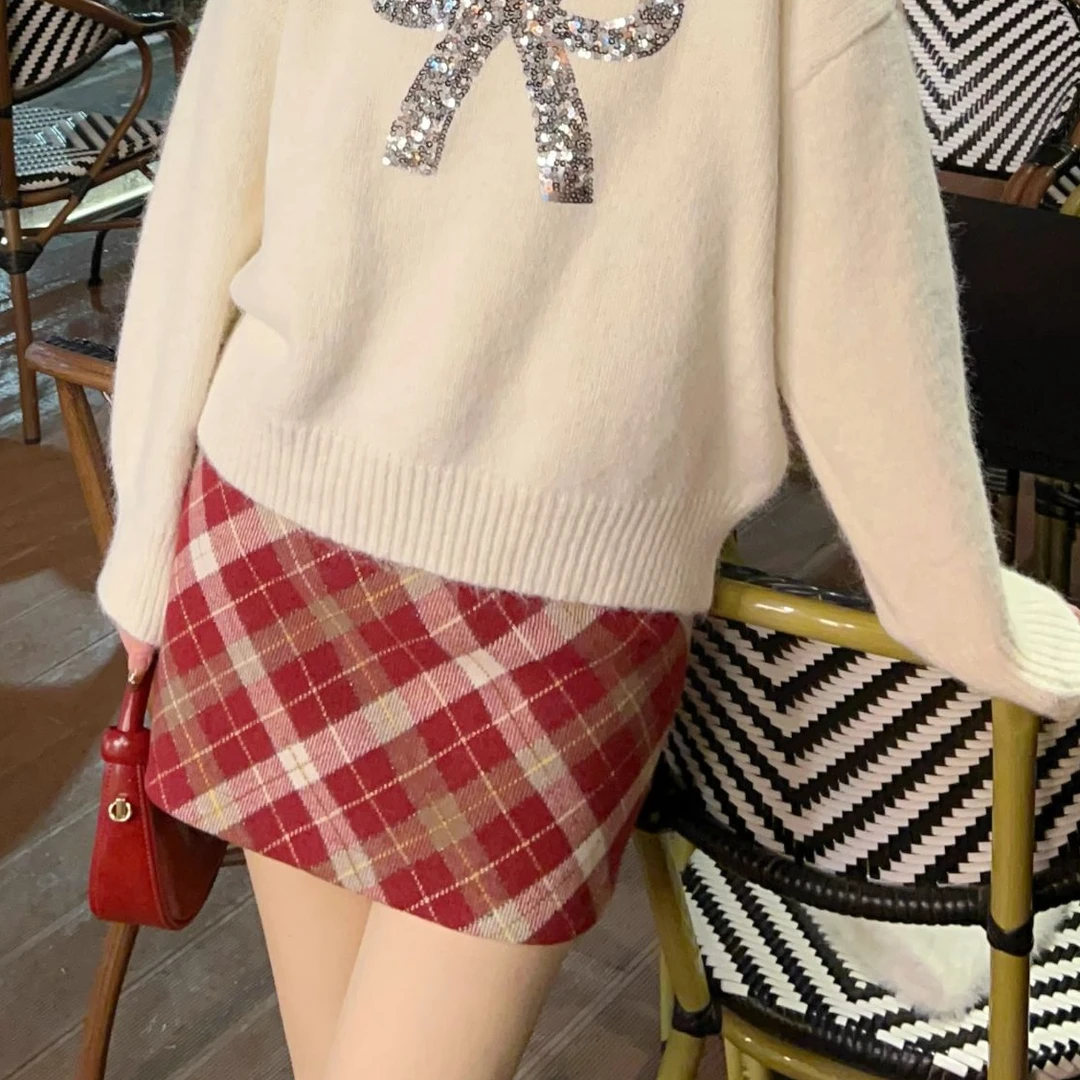 【芝士Cheese】草莓格格 气质多巴胺格子毛呢裙秋冬显瘦百搭半身裙