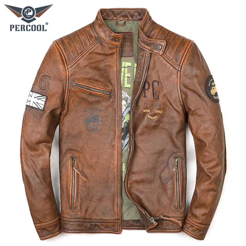 新款头层牛皮机车服真皮皮衣男士短款刺绣青年修身纯皮夹克复古