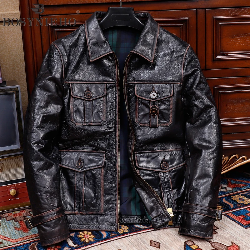 新款头层马皮真皮皮衣男士修身翻领多口袋猎装翻领纯皮夹克短款